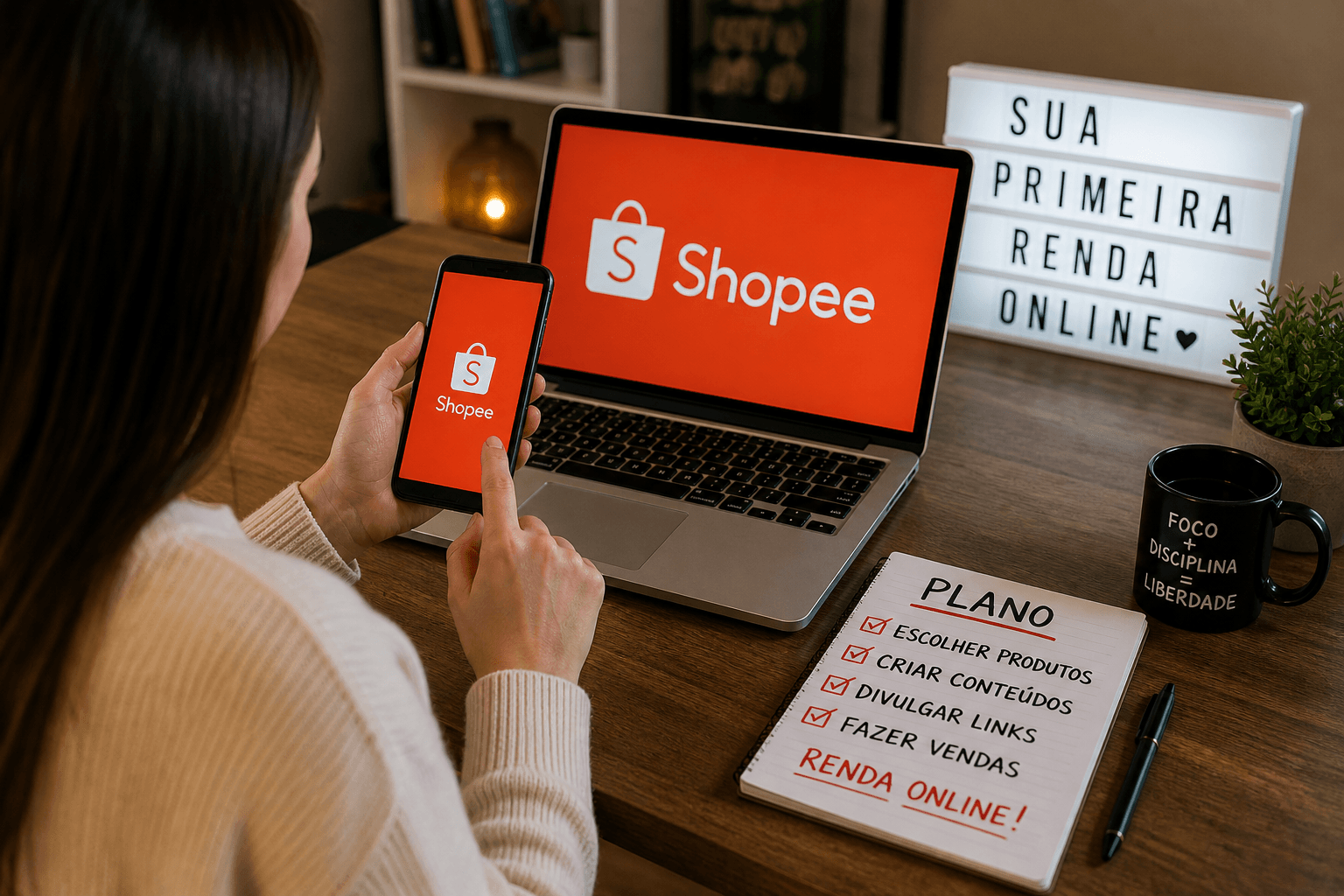Como sair do zero e fazer sua primeira renda online A forma mais prática de entender como sair do zero e fazer sua primeira renda online é começar com um método simples, acessível e que não exige investimento. Hoje, uma das formas mais reais de fazer isso é usando a Shopee como afiliado. Neste guia, você vai aprender o passo a passo direto ao ponto, focado no que realmente funciona para gerar seus primeiros resultados. O que significa começar do zero na internet Começar do zero significa não ter seguidores, experiência ou dinheiro para investir. E isso é exatamente a realidade da maioria das pessoas. O problema é que muitos desistem rápido porque esperam resultados imediatos. Mas a verdade é que como sair do zero e fazer sua primeira renda online depende muito mais de consistência do que de talento. Por que a Shopee é ideal para iniciantes A Shopee é uma das plataformas mais fáceis para começar. Você não precisa de estoque. Não precisa investir dinheiro. E pode trabalhar apenas com seu celular. O que é ser afiliado da Shopee Você divulga produtos da plataforma. Recebe um link exclusivo. E ganha comissão por cada venda feita através dele. Simples, direto e funcional. Passo a passo para começar do zero na Shopee Agora vamos ao que realmente importa: execução. 1. Crie sua conta de afiliado Entre no programa de afiliados da Shopee. Faça seu cadastro. E gere seus primeiros links de produtos. 2. Escolha produtos com potencial Evite divulgar qualquer produto. Prefira itens que: Resolvem problemas do dia a dia São baratos Chamam atenção visualmente Já têm boas vendas Isso acelera muito seus resultados em como sair do zero e fazer sua primeira renda online. 3. Use o Shopee Vídeo como principal canal Aqui está o grande diferencial. A Shopee entrega tráfego orgânico. Ou seja, você não precisa investir em anúncios. Mas existe uma regra clara: Se o seu vídeo não prende atenção, ele não é entregue. Como o algoritmo da Shopee funciona na prática O algoritmo da Shopee tem um único objetivo: Manter as pessoas dentro do aplicativo o máximo possível. Se o seu conteúdo ajuda nisso, ele cresce. Se não ajuda, ele para. Os sinais que fazem seu vídeo crescer Você precisa focar em cinco pontos principais: Tempo de retenção Se a pessoa assiste até o final, isso é extremamente positivo. Se ela assiste mais de uma vez, melhor ainda. Comentários Mostram que seu conteúdo gerou reação. Compartilhamentos Indicam que o vídeo tem valor real. Curtidas Ajudam, mas têm menos peso. Cliques no produto Esse é o mais importante. É o sinal que mostra que seu conteúdo gera resultado financeiro. Estratégia simples para fazer sua primeira venda Agora vamos ao método prático. Poste vídeos curtos todos os dias Você não precisa aparecer. Você não precisa ser especialista. Você precisa apenas seguir um padrão simples. Estrutura de vídeo que funciona Gancho nos primeiros segundos Mostrar o produto Demonstrar o benefício Finalizar com chamada para ação Exemplo direto "Olha isso aqui que resolve um problema que muita gente tem..." Mostra o produto funcionando. E finaliza com algo simples como: "Link aqui pra ver." Como crescer sem se sobrecarregar Muita gente desiste porque tenta fazer tudo no mesmo dia. A solução é organizar o processo. Use produção em lote Isso significa separar seu trabalho em etapas. Como fazer isso na prática Um dia para planejar Liste ideias. Crie roteiros simples. Um dia para gravar Grave vários vídeos de uma vez. Sem buscar perfeição. Durante a semana Apenas edite e poste. Isso mantém consistência e facilita sua evolução. E consistência é essencial em como sair do zero e fazer sua primeira renda online. Quanto dá pra ganhar no início Seja realista. A primeira venda pode demorar alguns dias ou semanas. Depois disso, começa a evoluir. Resultados comuns no início: Pequenos ganhos diários Crescimento gradual Escala com volume de conteúdo Quanto mais você posta, maior a chance de vender. Erros que você deve evitar Alguns erros travam completamente seus resultados: Postar pouco Desistir rápido Escolher produtos ruins Ignorar como o algoritmo funciona Evitar isso já te coloca na frente da maioria. De zero à sua primeira venda Se você entendeu o básico, já está à frente de muita gente. A Shopee já tem milhões de usuários. Você não precisa criar demanda. Precisa apenas chamar atenção da forma certa. E continuar. Porque como sair do zero e fazer sua primeira renda online não depende de um vídeo. Depende de repetição. E é essa repetição que transforma esforço em resultado.